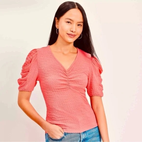 LOFT Crinkle Pleated Sleeve Top in Sakura • Coral Pink Textured Blouse Size M - Picture 1 of 5